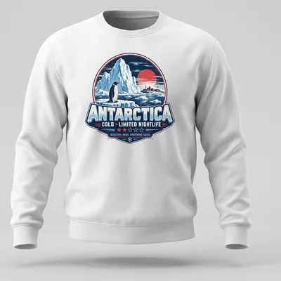 Vintage retro design featuring a penguin with humorous text about nightlife in Antarctica — printed on a unisex sweatshirt