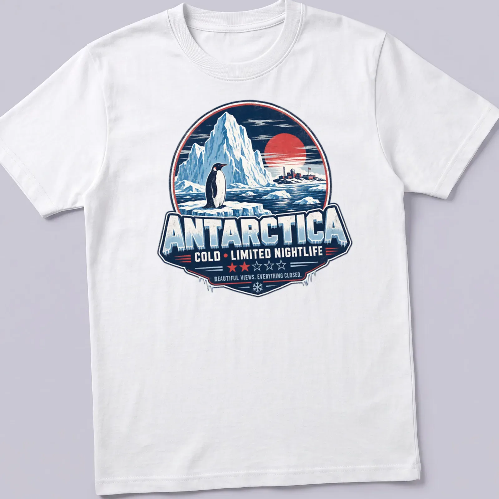 Vintage retro design featuring a penguin with humorous text about nightlife in Antarctica — printed on a unisex t-shirt