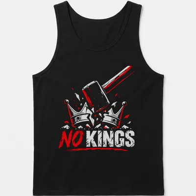 Grunge style t-shirt featuring the text NO KINGS with a gavel and crowns graphic — printed on a tank top