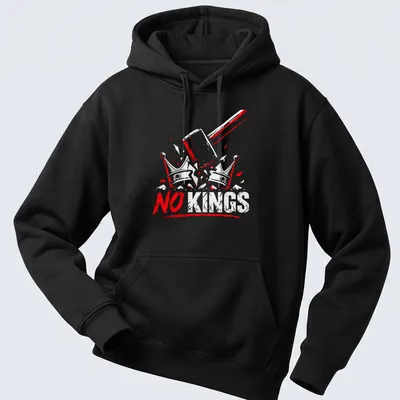 Grunge style t-shirt featuring the text NO KINGS with a gavel and crowns graphic — printed on a unisex hoodie
