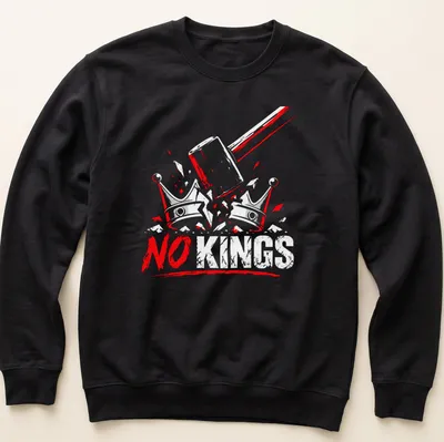 Grunge style t-shirt featuring the text NO KINGS with a gavel and crowns graphic — printed on a unisex sweatshirt
