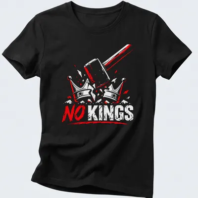 Grunge style t-shirt featuring the text NO KINGS with a gavel and crowns graphic — printed on a women's shirt