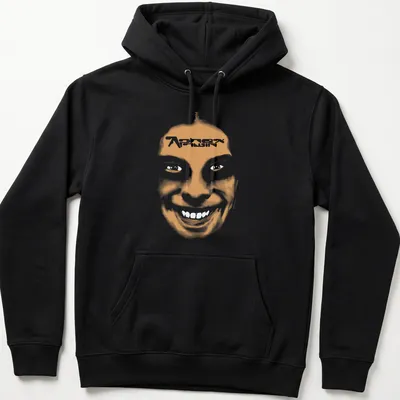 Minimalist t-shirt featuring a smiling face and 'Aphex Twin' text in orange and white. — printed on a unisex hoodie