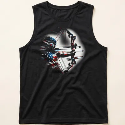 Illustration of an archer with an American flag in red, white, and blue — printed on a tank top