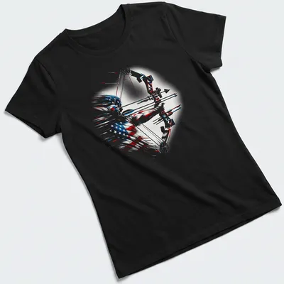 Illustration of an archer with an American flag in red, white, and blue — printed on a women's shirt