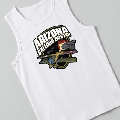 Bold graphic t-shirt featuring an airplane and colorful design elements. — printed on a tank top