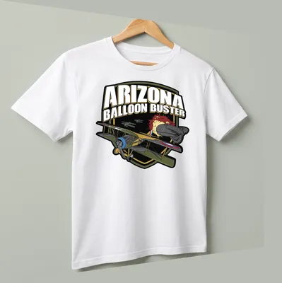 Bold graphic t-shirt featuring an airplane and colorful design elements. — printed on a unisex t-shirt (angled view)