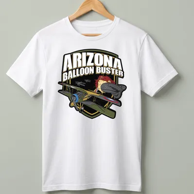 Bold graphic t-shirt featuring an airplane and colorful design elements.