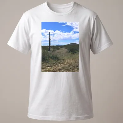 Cactus landscape illustration in green, brown, blue, and white on T-shirt