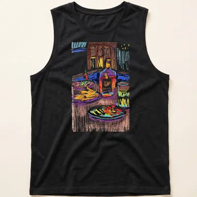Colorful sketch of a table with various foods and drinks featuring the text From Everyday Meals To Artwork Day6 — printed on a tank top