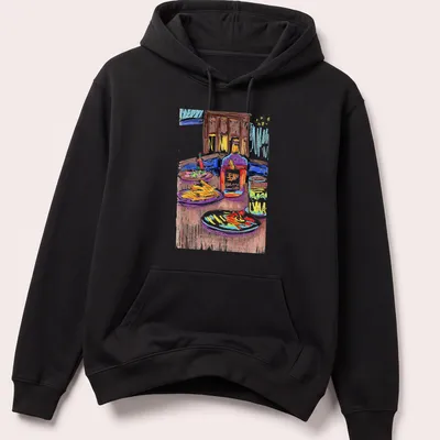 Colorful sketch of a table with various foods and drinks featuring the text From Everyday Meals To Artwork Day6 — printed on a unisex hoodie