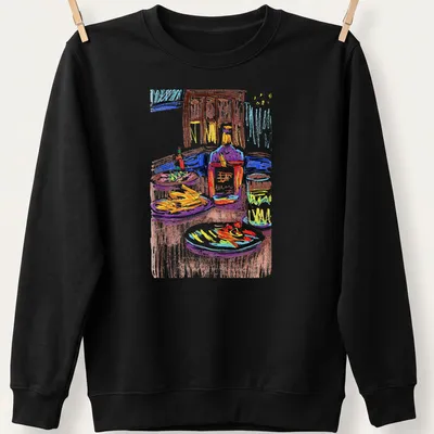 Colorful sketch of a table with various foods and drinks featuring the text From Everyday Meals To Artwork Day6 — printed on a unisex sweatshirt