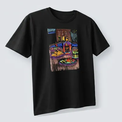 Colorful sketch of a table with various foods and drinks featuring the text From Everyday Meals To Artwork Day6 — printed on a unisex t-shirt (angled view)