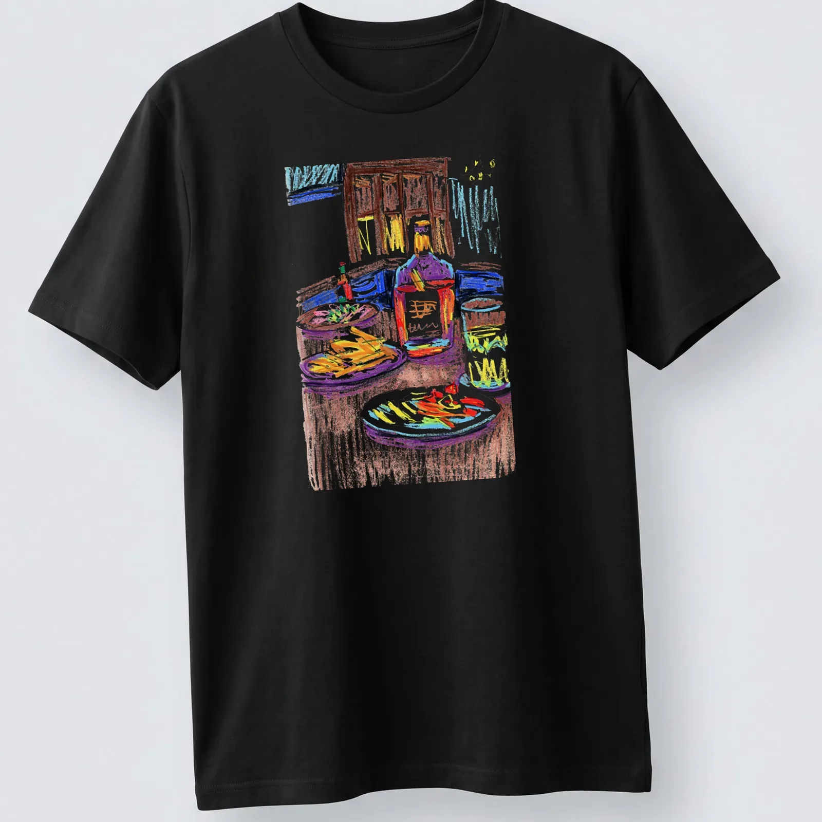 Colorful sketch of a table with various foods and drinks featuring the text From Everyday Meals To Artwork Day6 — printed on a unisex t-shirt