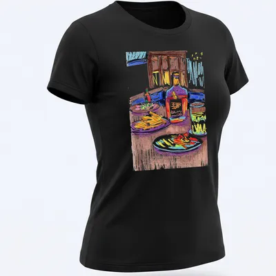 Colorful sketch of a table with various foods and drinks featuring the text From Everyday Meals To Artwork Day6 — printed on a women's shirt