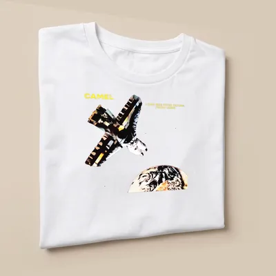 Astronaut camel graphic with humorous text in yellow, black, and earth tones — printed on a unisex t-shirt (angled view)