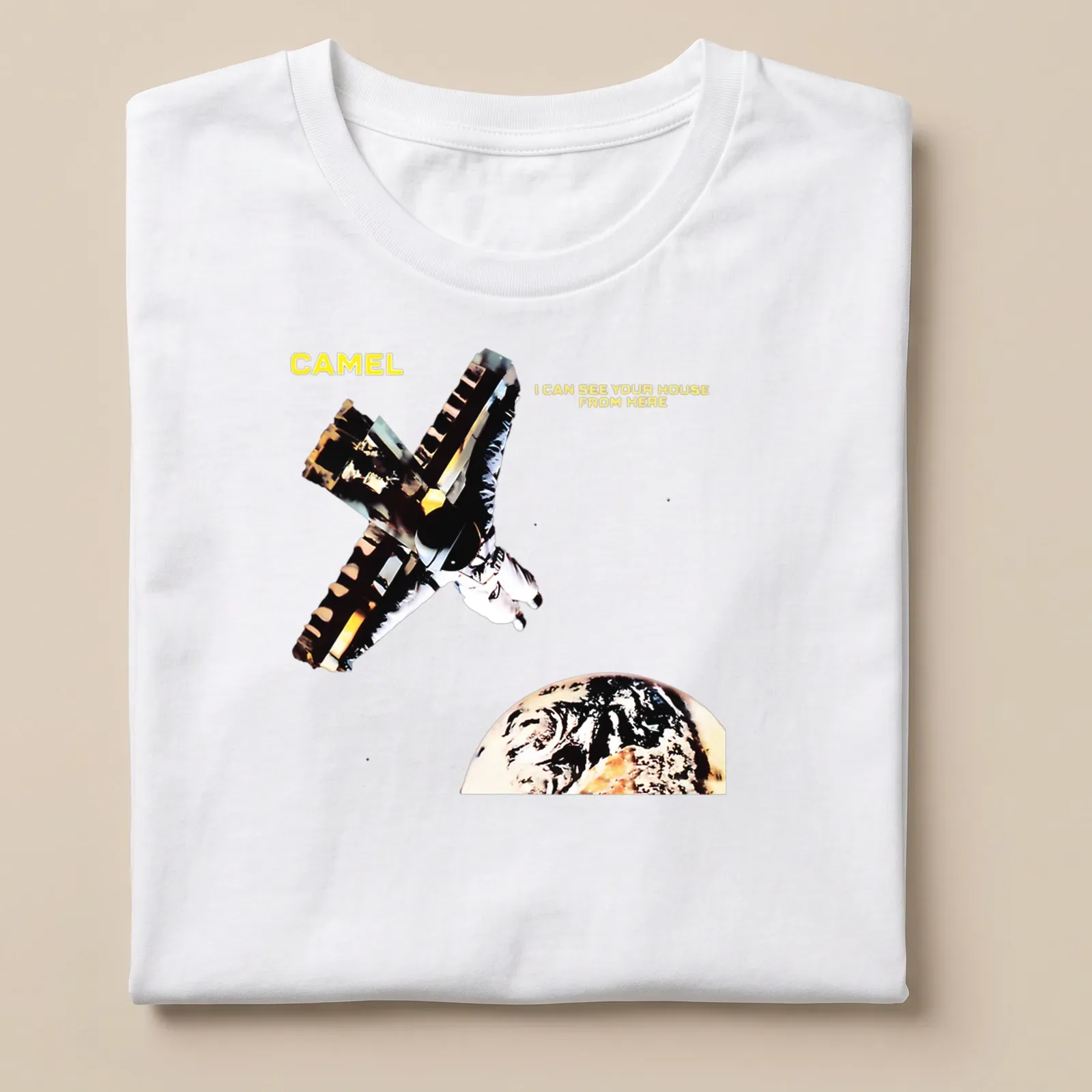 Astronaut camel graphic with humorous text in yellow, black, and earth tones — printed on a unisex t-shirt