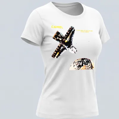 Astronaut camel graphic with humorous text in yellow, black, and earth tones — printed on a women's shirt
