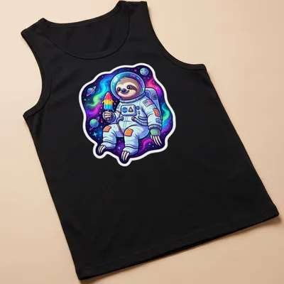 Cartoon sloth astronaut enjoying a popsicle in colorful space — printed on a tank top