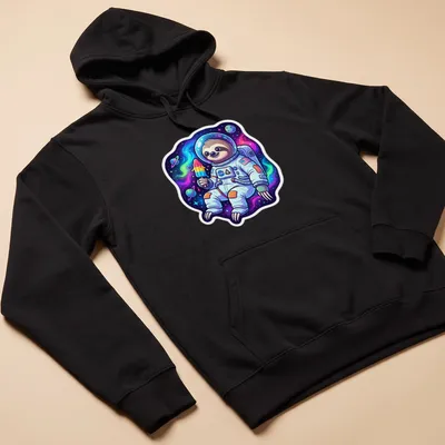 Cartoon sloth astronaut enjoying a popsicle in colorful space — printed on a unisex hoodie