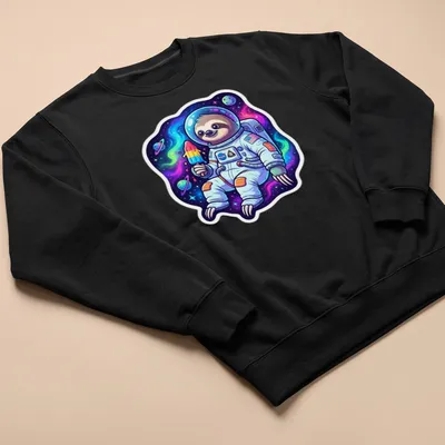Cartoon sloth astronaut enjoying a popsicle in colorful space — printed on a unisex sweatshirt