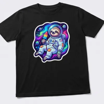 Cartoon sloth astronaut enjoying a popsicle in colorful space