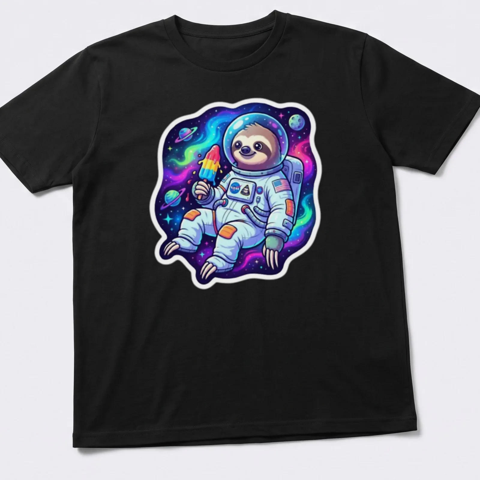 Cartoon sloth astronaut enjoying a popsicle in colorful space — printed on a unisex t-shirt