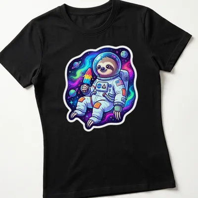 Cartoon sloth astronaut enjoying a popsicle in colorful space — printed on a women's shirt