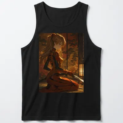 Asuka Langley Soryu illustrated in anime style, dressed as a golden samurai with rich colors. — printed on a tank top