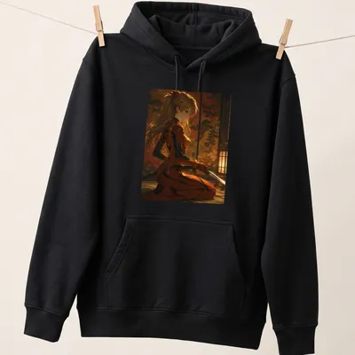 Asuka Langley Soryu illustrated in anime style, dressed as a golden samurai with rich colors. — printed on a unisex hoodie