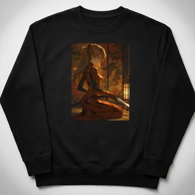 Asuka Langley Soryu illustrated in anime style, dressed as a golden samurai with rich colors. — printed on a unisex sweatshirt