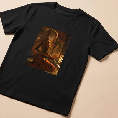 Asuka Langley Soryu illustrated in anime style, dressed as a golden samurai with rich colors. — printed on a unisex t-shirt