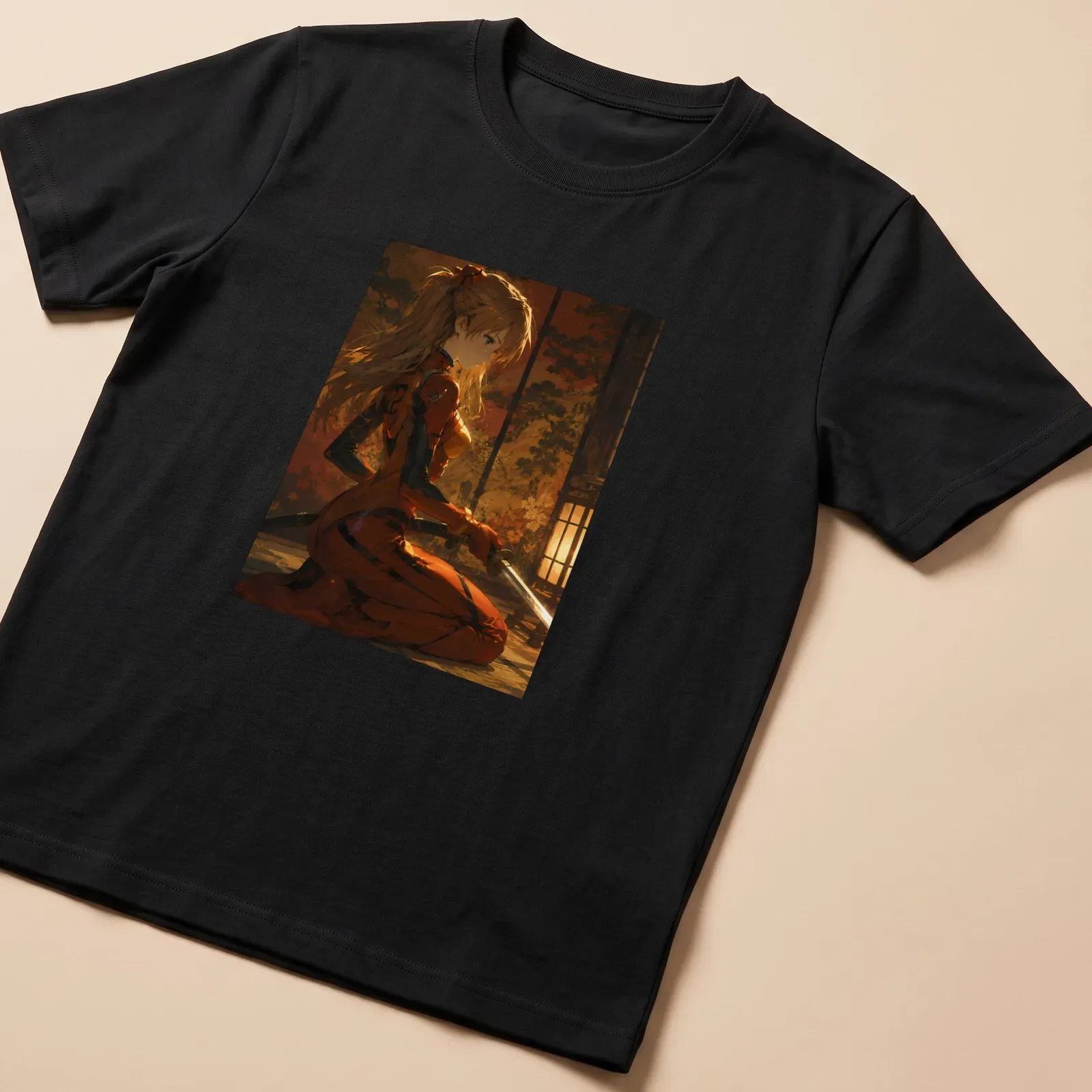 Asuka Langley Soryu illustrated in anime style, dressed as a golden samurai with rich colors. — printed on a unisex t-shirt
