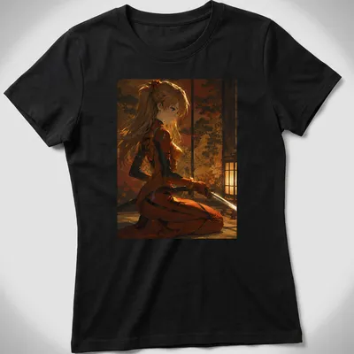 Asuka Langley Soryu illustrated in anime style, dressed as a golden samurai with rich colors. — printed on a women's shirt