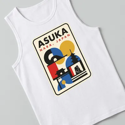 Retro geometric print of the Japanese skyline featuring a pagoda and temple with colorful elements — printed on a tank top