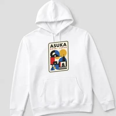 Retro geometric print of the Japanese skyline featuring a pagoda and temple with colorful elements — printed on a unisex hoodie