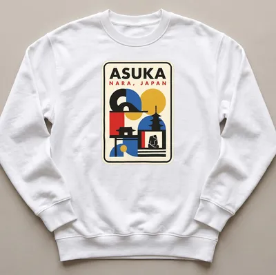 Retro geometric print of the Japanese skyline featuring a pagoda and temple with colorful elements — printed on a unisex sweatshirt