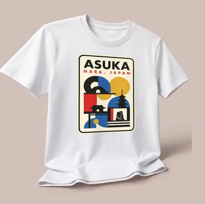 Retro geometric print of the Japanese skyline featuring a pagoda and temple with colorful elements — printed on a unisex t-shirt (angled view)