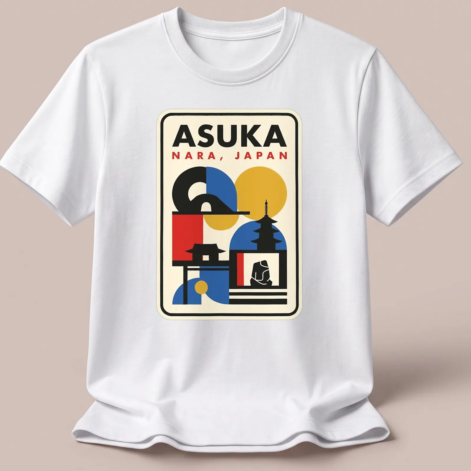 Retro geometric print of the Japanese skyline featuring a pagoda and temple with colorful elements — printed on a unisex t-shirt