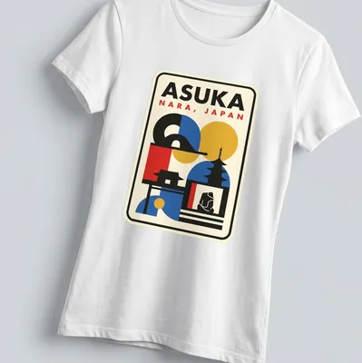 Retro geometric print of the Japanese skyline featuring a pagoda and temple with colorful elements — printed on a women's shirt