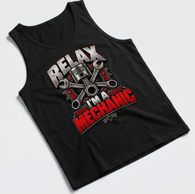Bold typography shirt with mechanic tools and text 'Relax I’m A Mechanic' — printed on a tank top