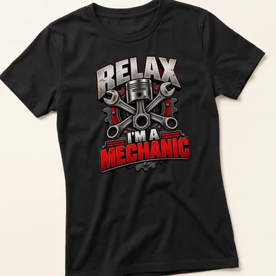 Bold typography shirt with mechanic tools and text 'Relax I’m A Mechanic' — printed on a women's shirt