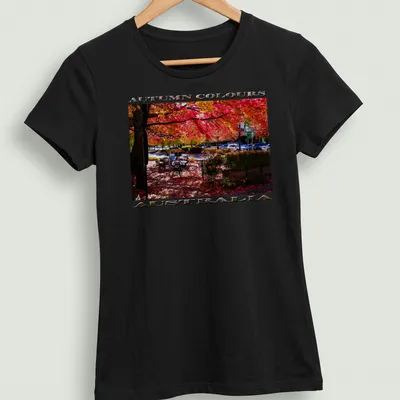 Photographic print of an autumn scene with colorful leaves. — printed on a women's shirt