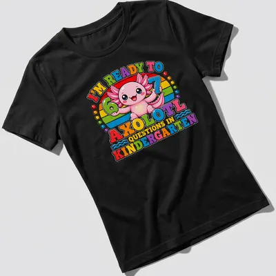 Colorful cartoon axolotl on a t-shirt with playful text about kindergarten — printed on a women's shirt