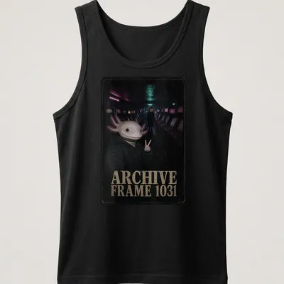 Dark and moody illustration of an axolotl in a Halloween arcade setting. — printed on a tank top