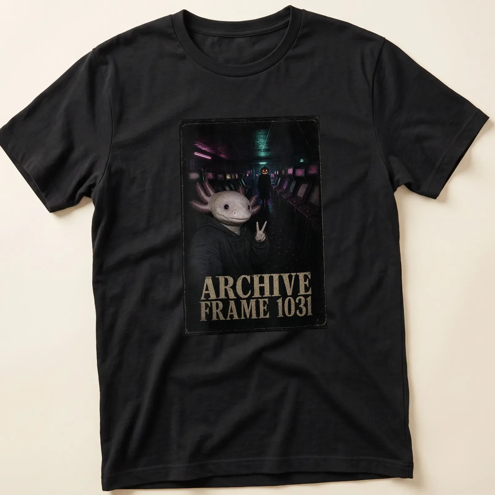 Dark and moody illustration of an axolotl in a Halloween arcade setting. — printed on a unisex t-shirt