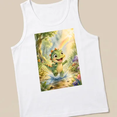 Whimsical illustration of a baby T-Rex splashing in a colorful rainbow forest. — printed on a tank top