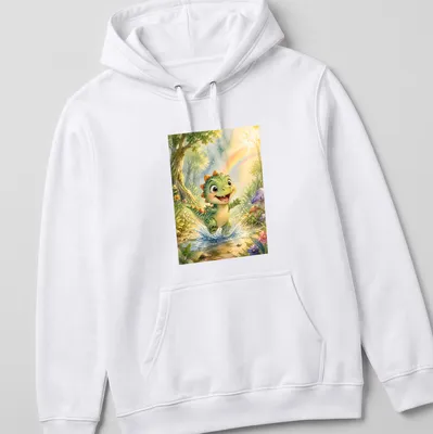 Whimsical illustration of a baby T-Rex splashing in a colorful rainbow forest. — printed on a unisex hoodie
