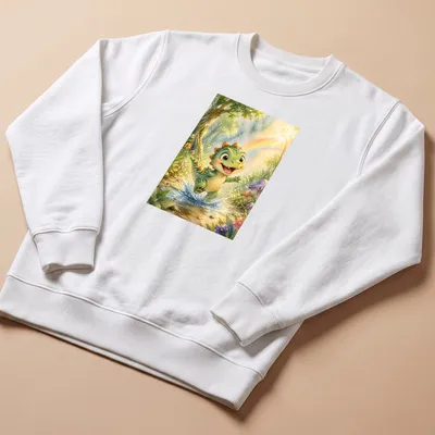 Whimsical illustration of a baby T-Rex splashing in a colorful rainbow forest. — printed on a unisex sweatshirt