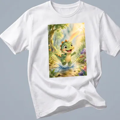 Whimsical illustration of a baby T-Rex splashing in a colorful rainbow forest.